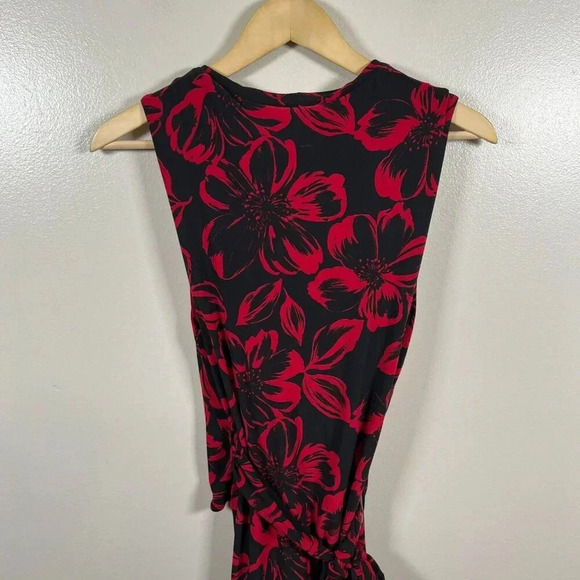 Norma Kamali Faux Wrap Dress Size Large Black Red Floral Jersey Stretch Work - Picture 8 of 12